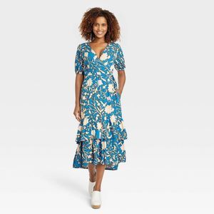 Knox Rose -  Women's Short Sleeve Tiered Casual Midi  Blue